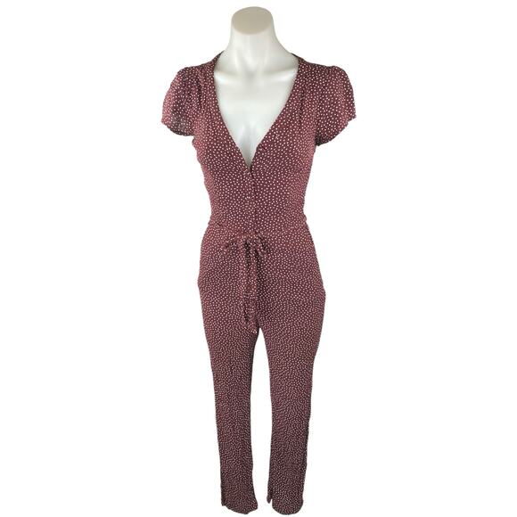 Abercrombie & Fitch Maroon Brown Polka Dots Short Sleeve V Neck Jumpsuit Sz XXS - Picture 1 of 5